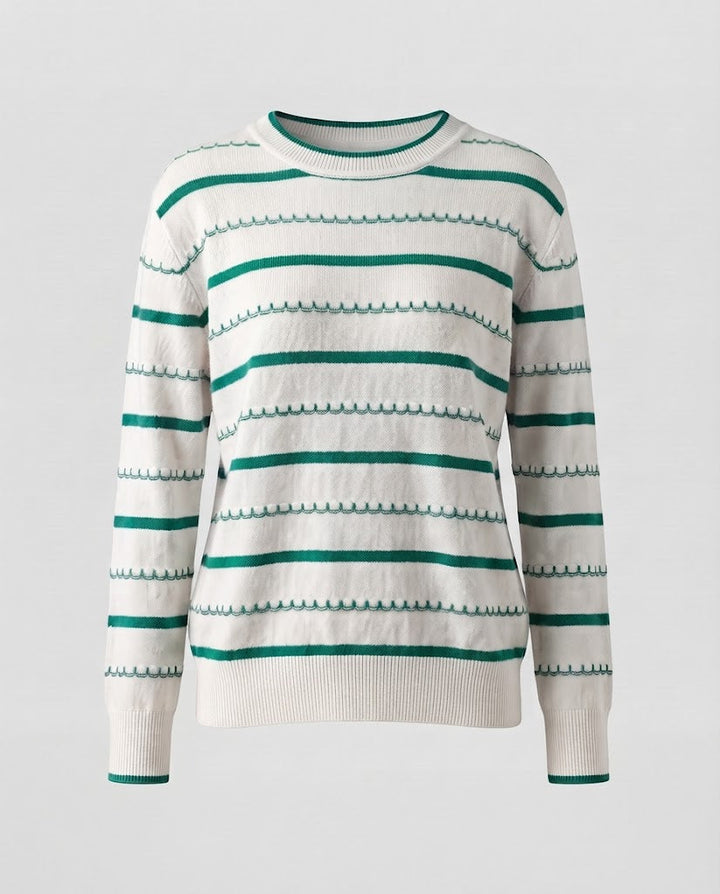 Women's Striped Fine Knit Sweater with Decorative Stitch and Round Neckline Mune Fashion