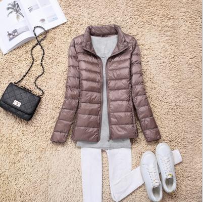 Short women's down jacket, white duck down lining, stand collar