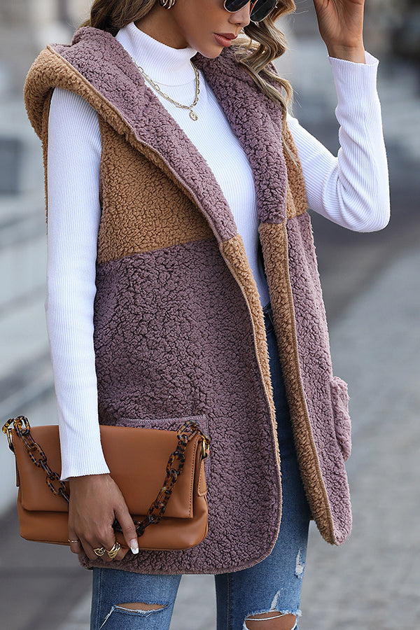Mune | Sleeveless Colorblock Pocketless Mid-Length Cardigan Puff Velour Jacket