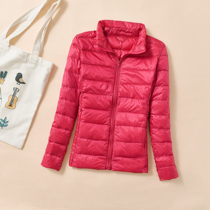 Women's down jacket, short, standing collar, tailored, with duck down