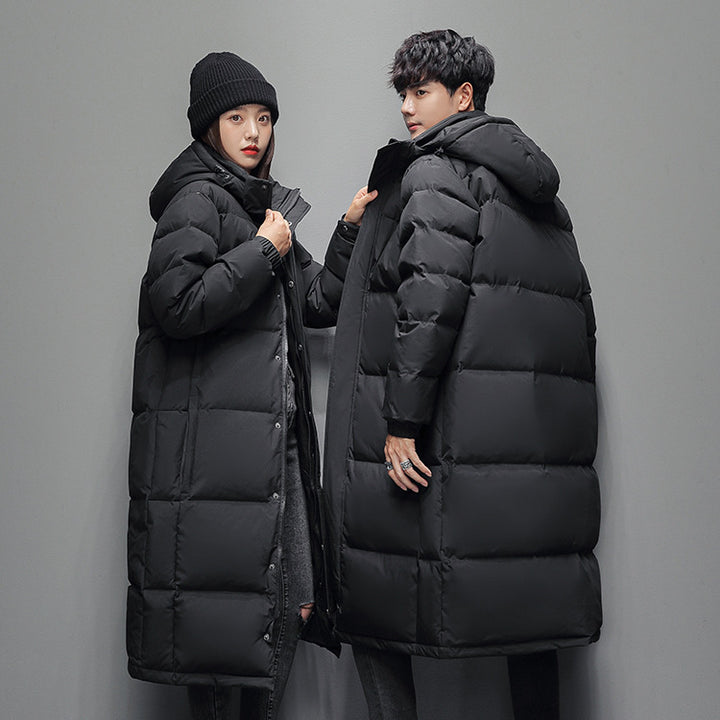 Long, padded men's down jacket with hood