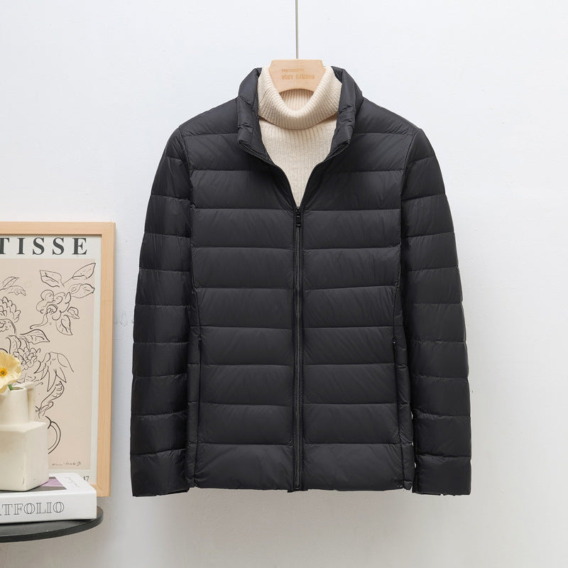 Women's down jacket, lightweight, stand collar, short