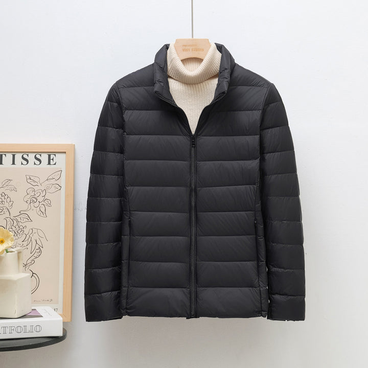 Women's down jacket, lightweight, stand collar, short