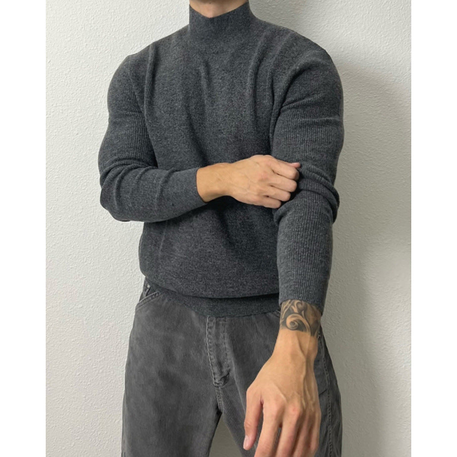 Men's knitted pullover, stand-up collar, form-fitting