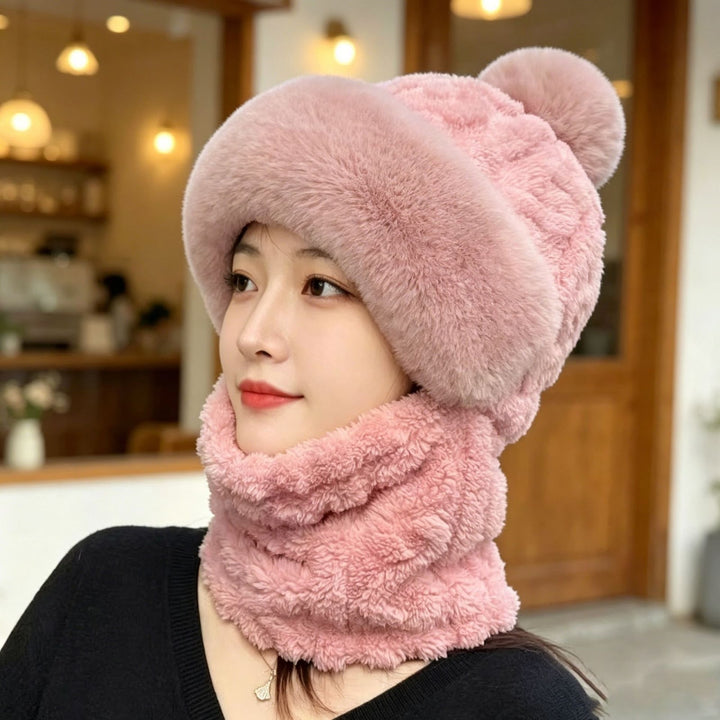 Plush hat with ears and scarf, one size