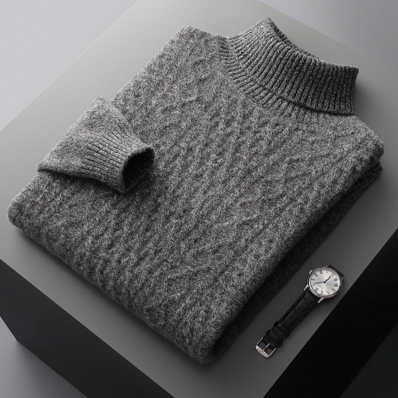 Men's wool sweater with shawl collar and cable knit pattern