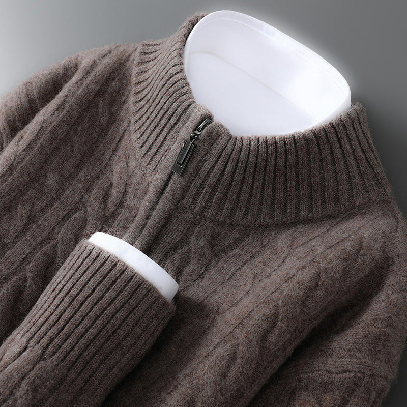 Men's wool sweater, 100% wool, zipper, cable pattern