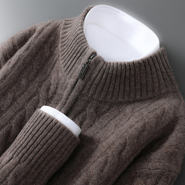 Men's wool sweater, 100% wool, zipper, cable pattern