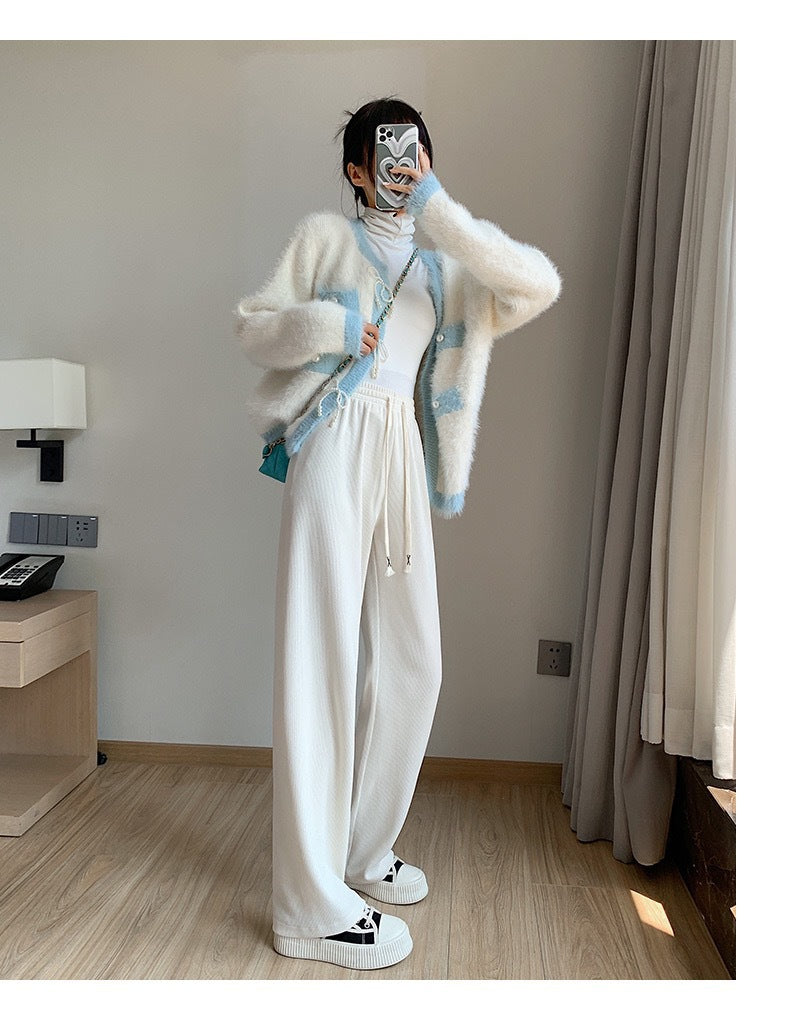 Cord wide pants with high waistband, loose fit