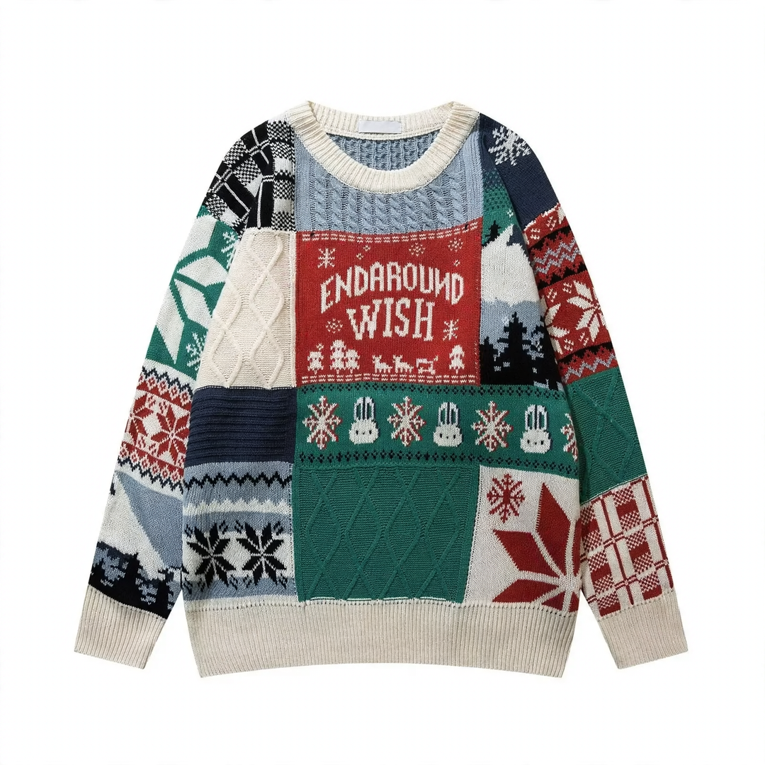 Retro knitted sweater with cable pattern and rabbit application