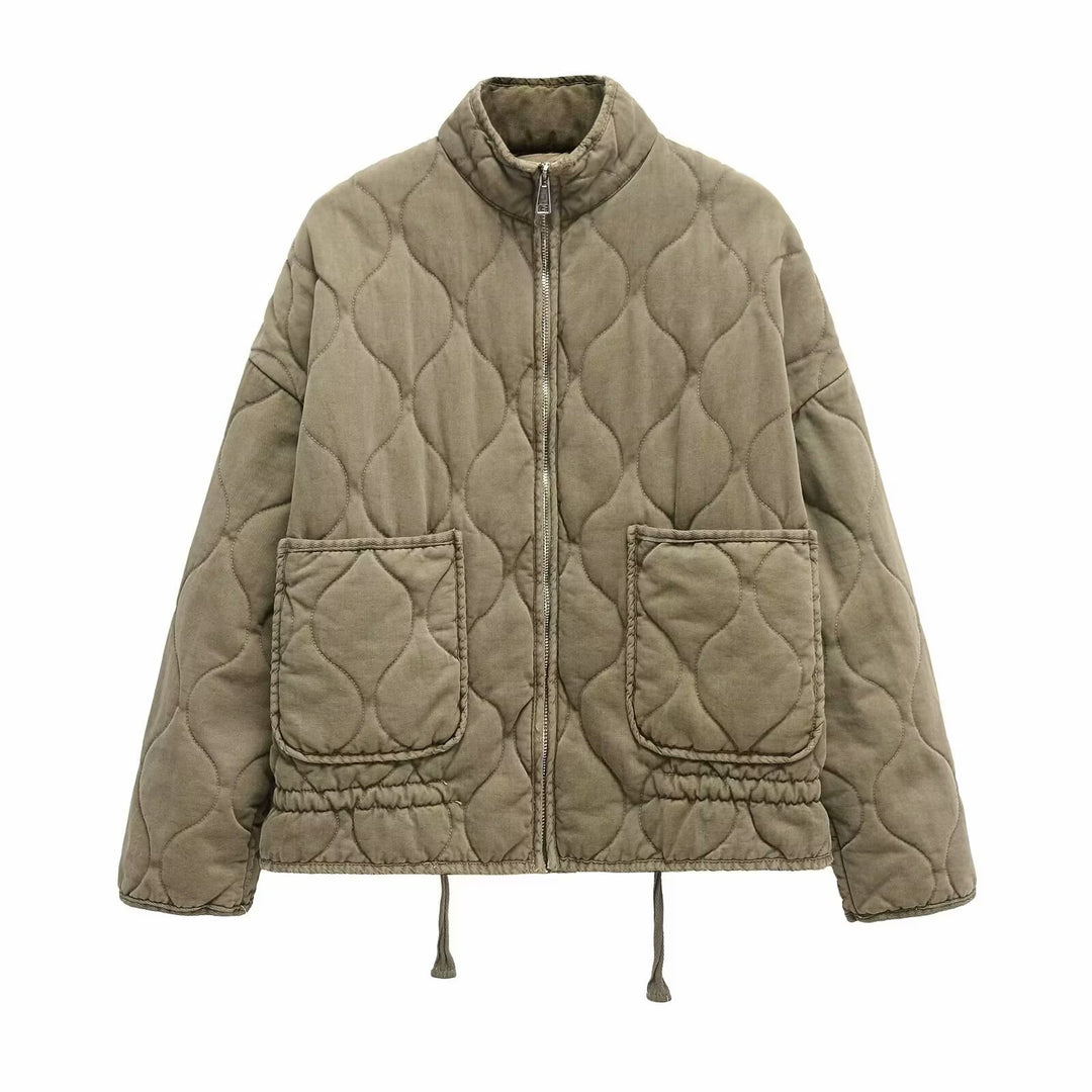 Women's padded jacket with stand-up collar and tie belt