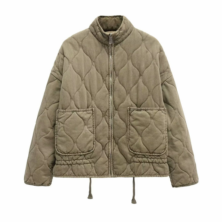 Women's quilted jacket with standing collar and tie belt