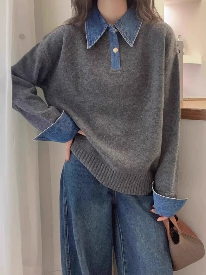 Women's knit sweater with polo collar and denim sleeves