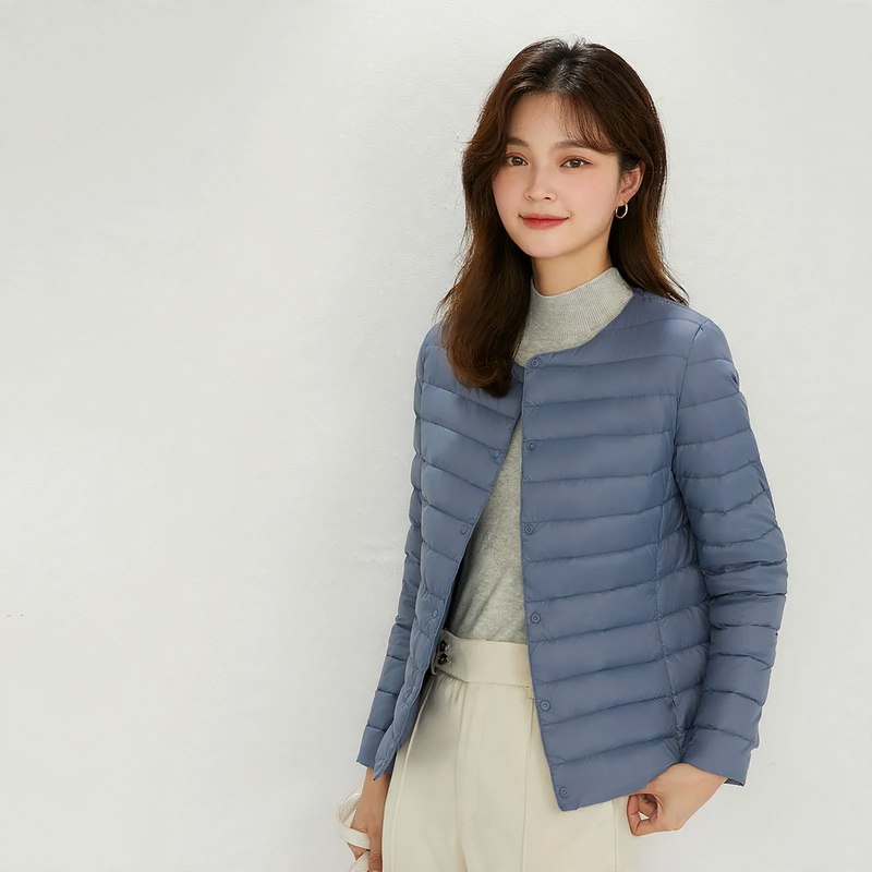 Light women's down jacket, round neck
