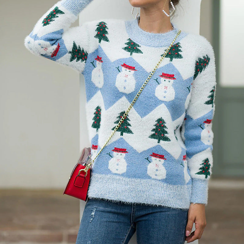 Women’s knitted pullover with round neck and snowman motif