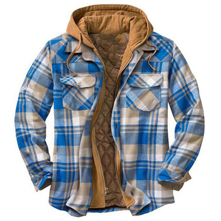 Men's shirt jacket, padded, checkered, with hood
