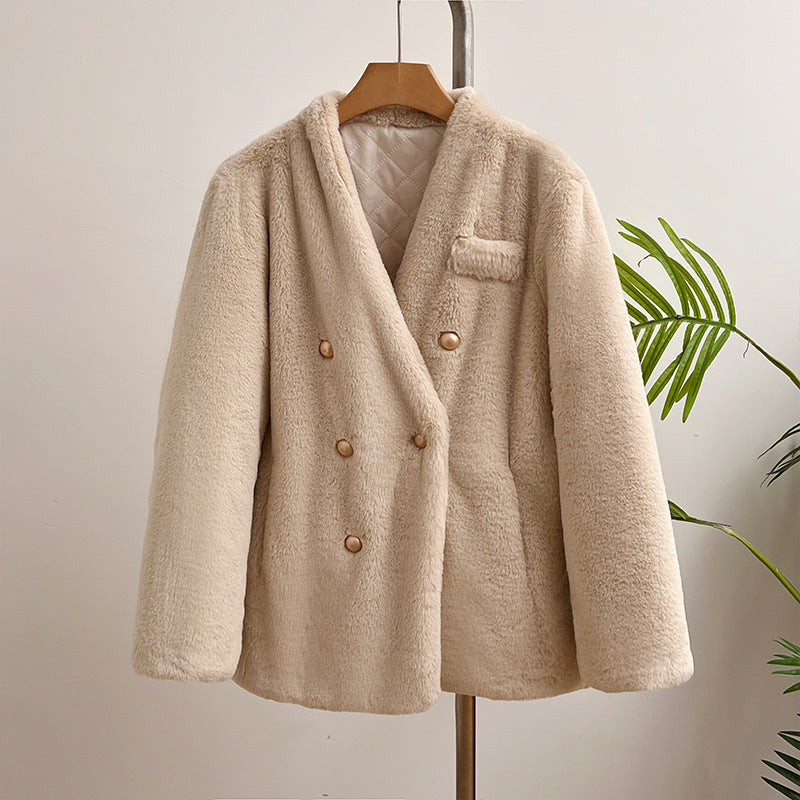 Women's plush jacket with V-neck, warm and windproof