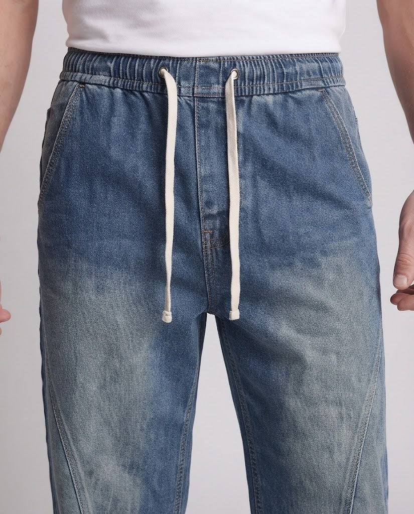 Men's Wide Denim Palazzo Pants with Curved Side Seams and Used-Wash Mune Fashion