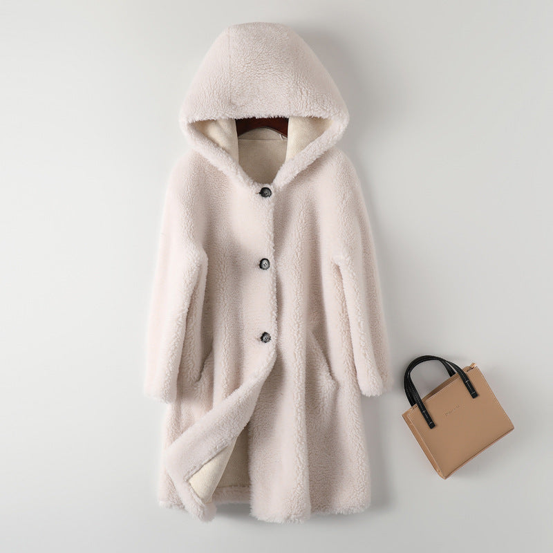 Women's sheepskin coat with hood, mid-length