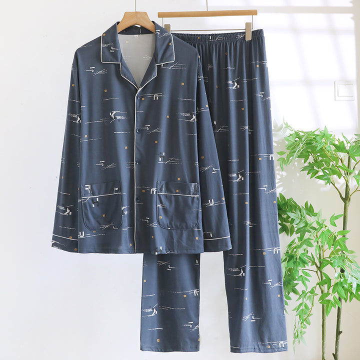 Men's cotton pajama set, long sleeve, with button placket