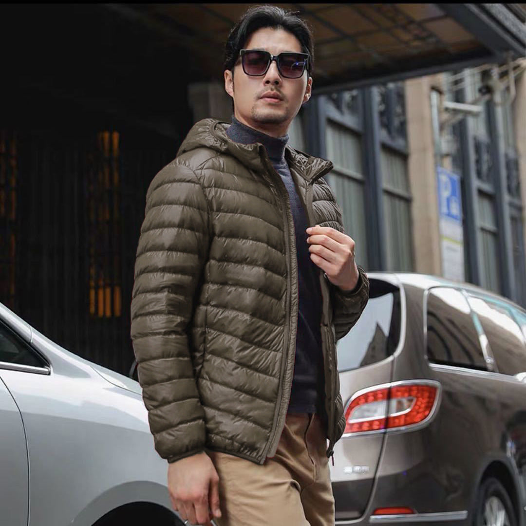 Light men's down jacket with hood, white duck down lining