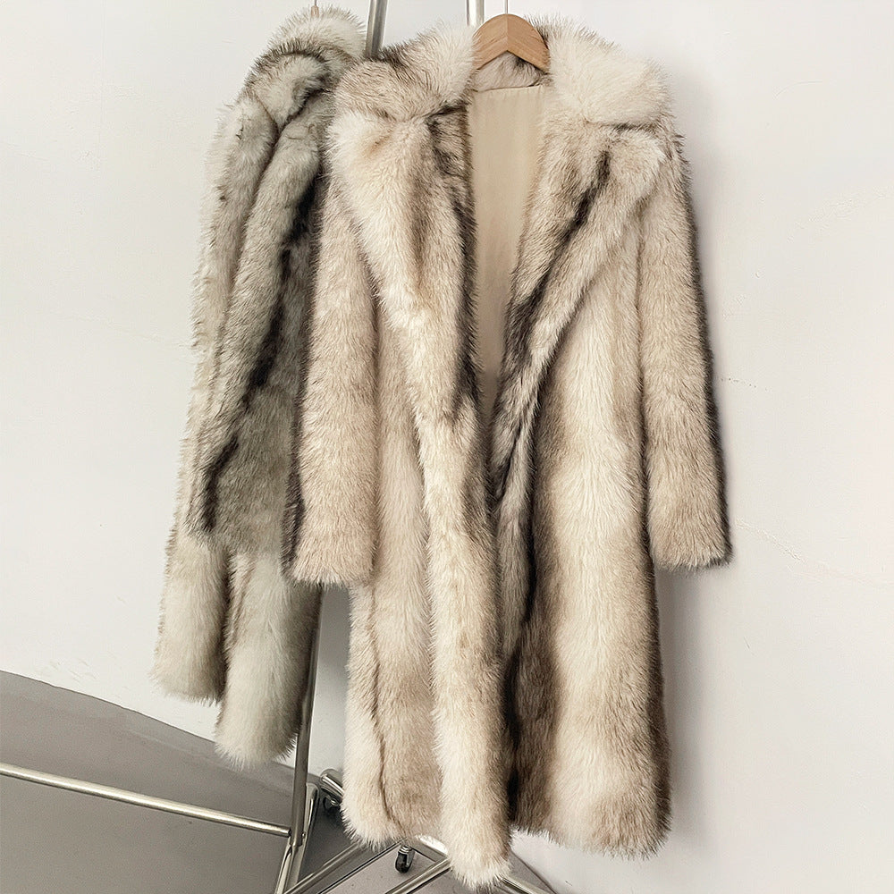Elegant faux fur coat with lapel collar