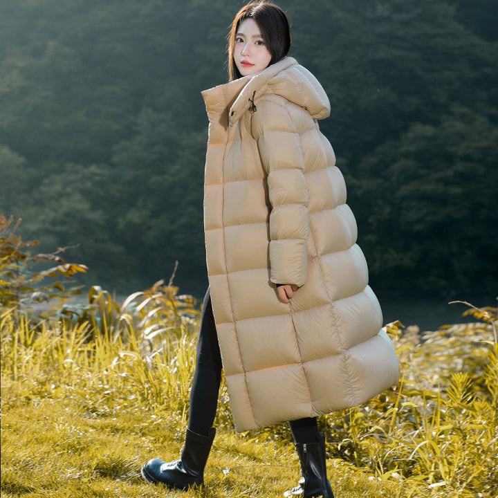 Long women's down coat with white goose down filling