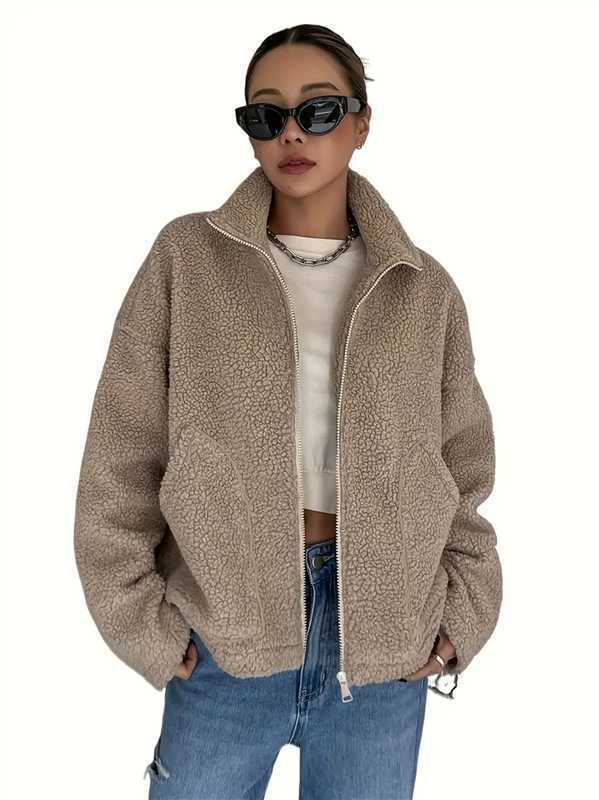 Women's fleece jacket with stand-up collar and zipper