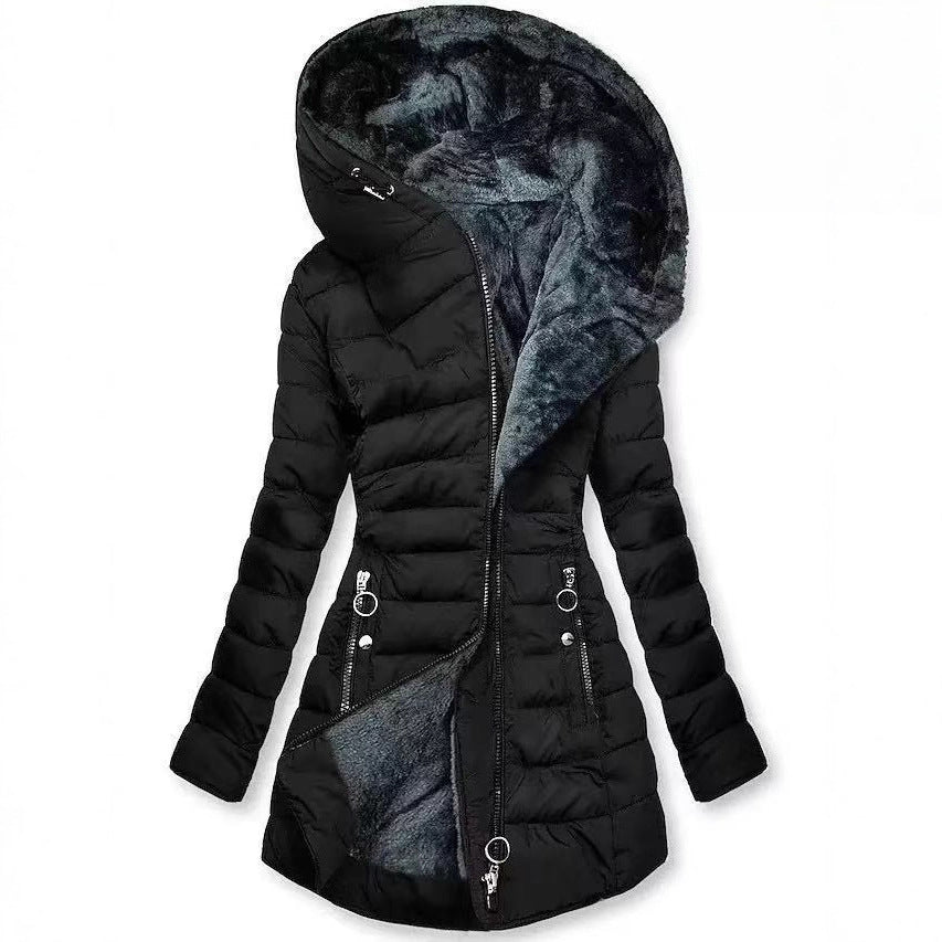 Women's quilted coat, tailored, with hood, mid-length