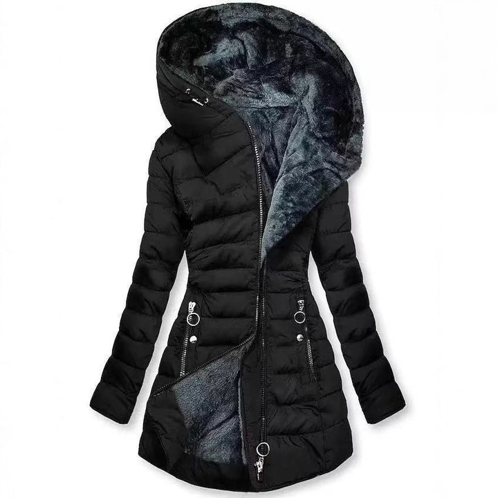 Women's quilted coat, tailored, with hood, medium length
