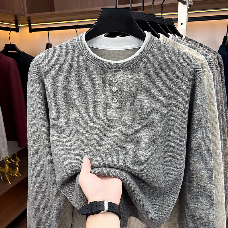 Men's knitted sweater, round neck, long sleeve, fake layer look