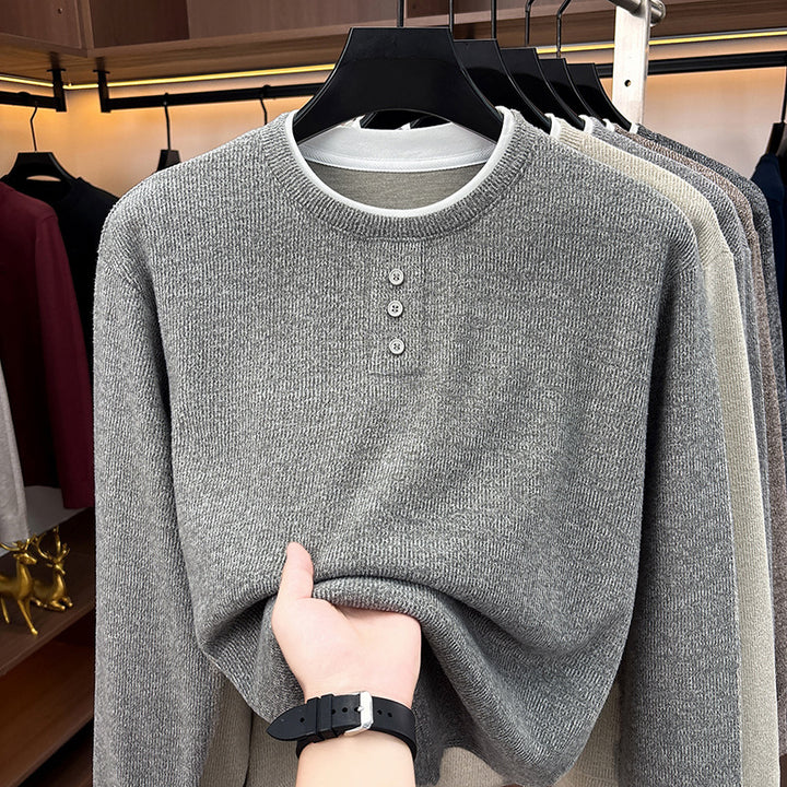 Men's knitted sweater, round neck, long sleeve, fake layer look