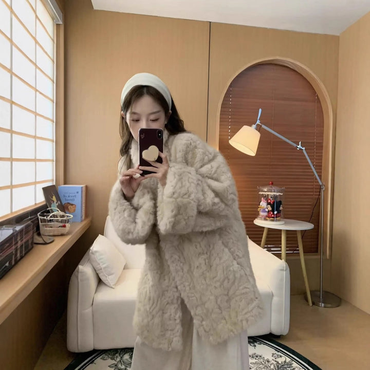 Women's coat in lambskin look with stand-up collar