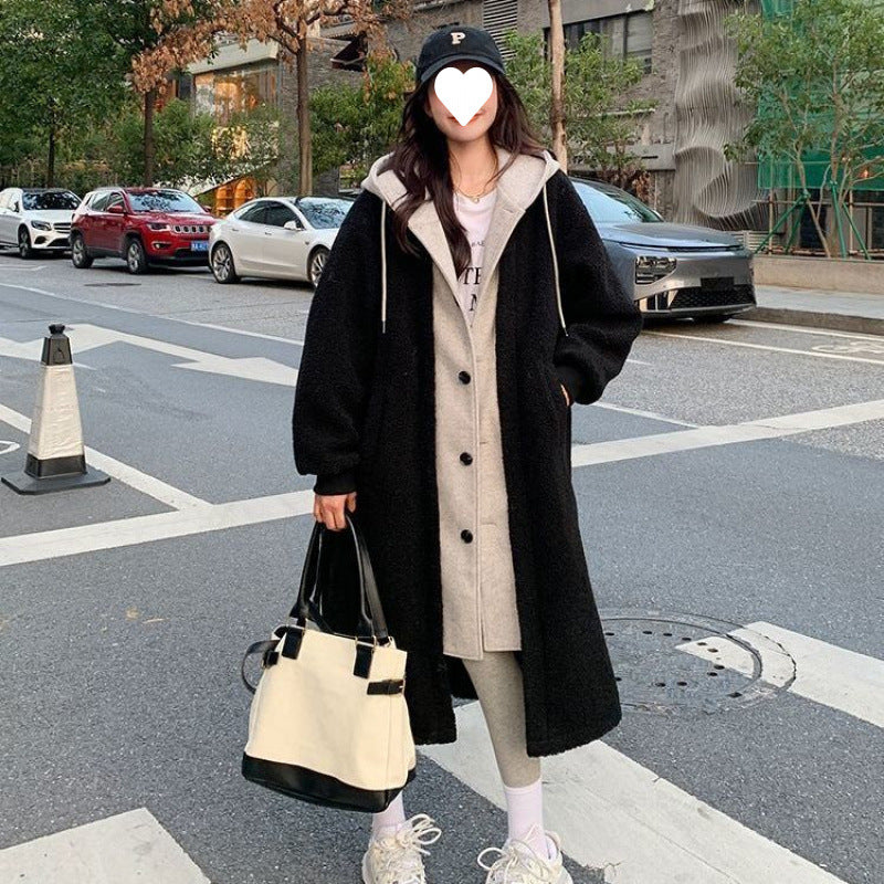 Lamb fleece hooded coat for women, long, loose fit
