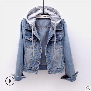 Padded women's denim jacket with detachable hood