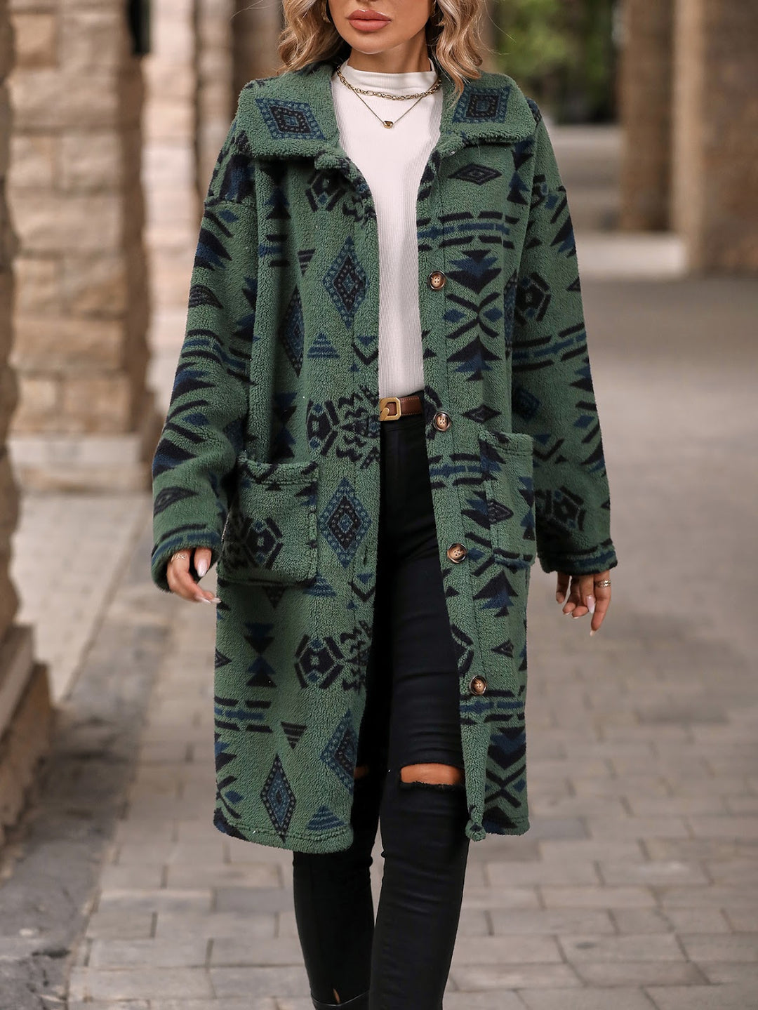 Women's coat with ethnic print, long, buttoned
