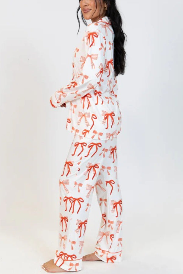 Mune | Christmas Bow Print Long Sleeve Shirt and Elastic Waist Pocket Pants Set