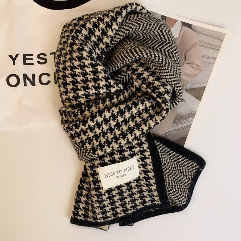 Checked knitted neck scarf, warming, for men and women
