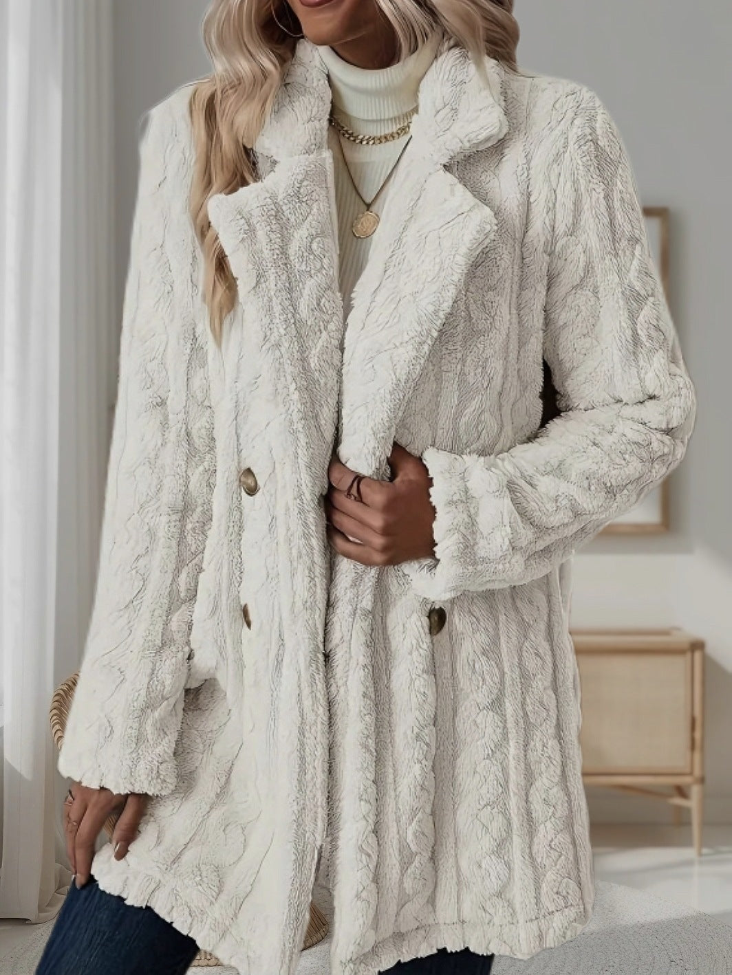 Women's coat with lapel collar and double button placket