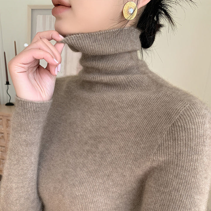 Women's knitted pullover with stand-up collar, long-sleeved, lined