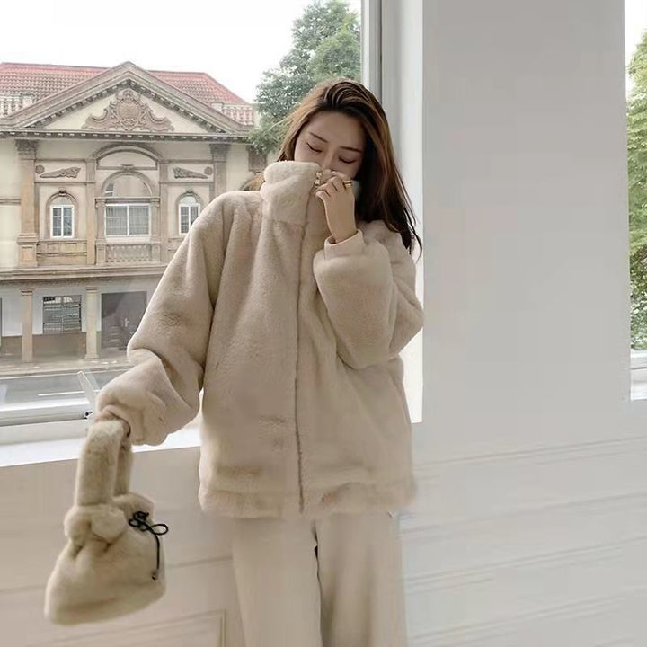 Women's plush jacket with stand-up collar, lined