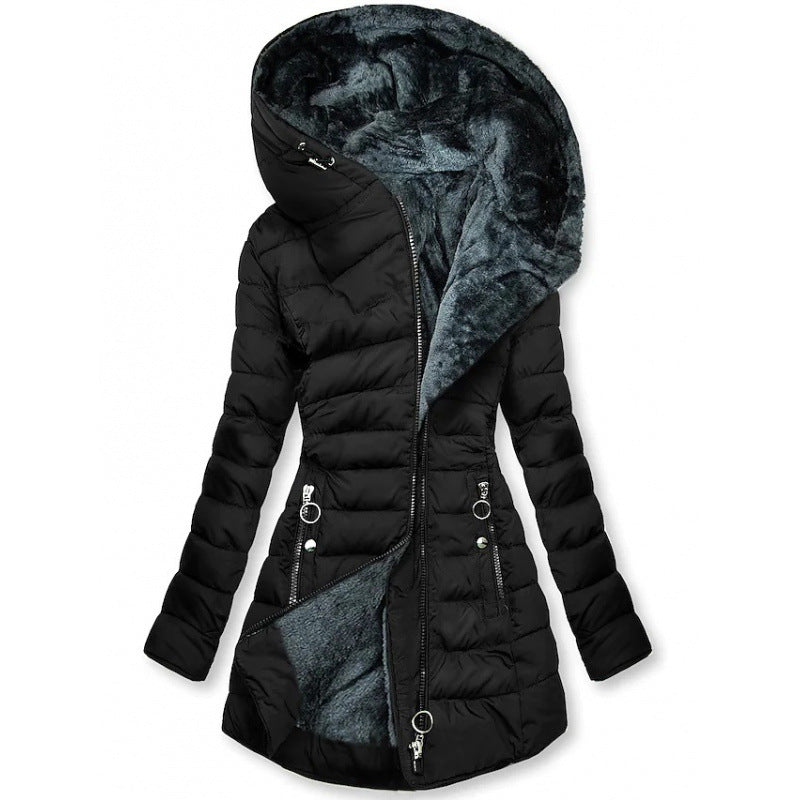 Tailored women's winter coat with hood and faux fur