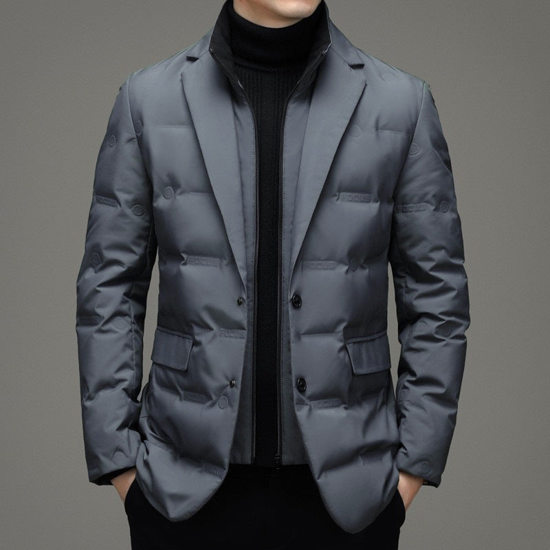 Men's down jacket, blazer style, detachable stand collar