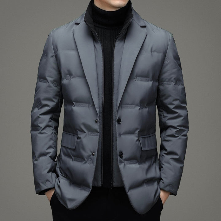 Men's down jacket, blazer style, detachable stand collar