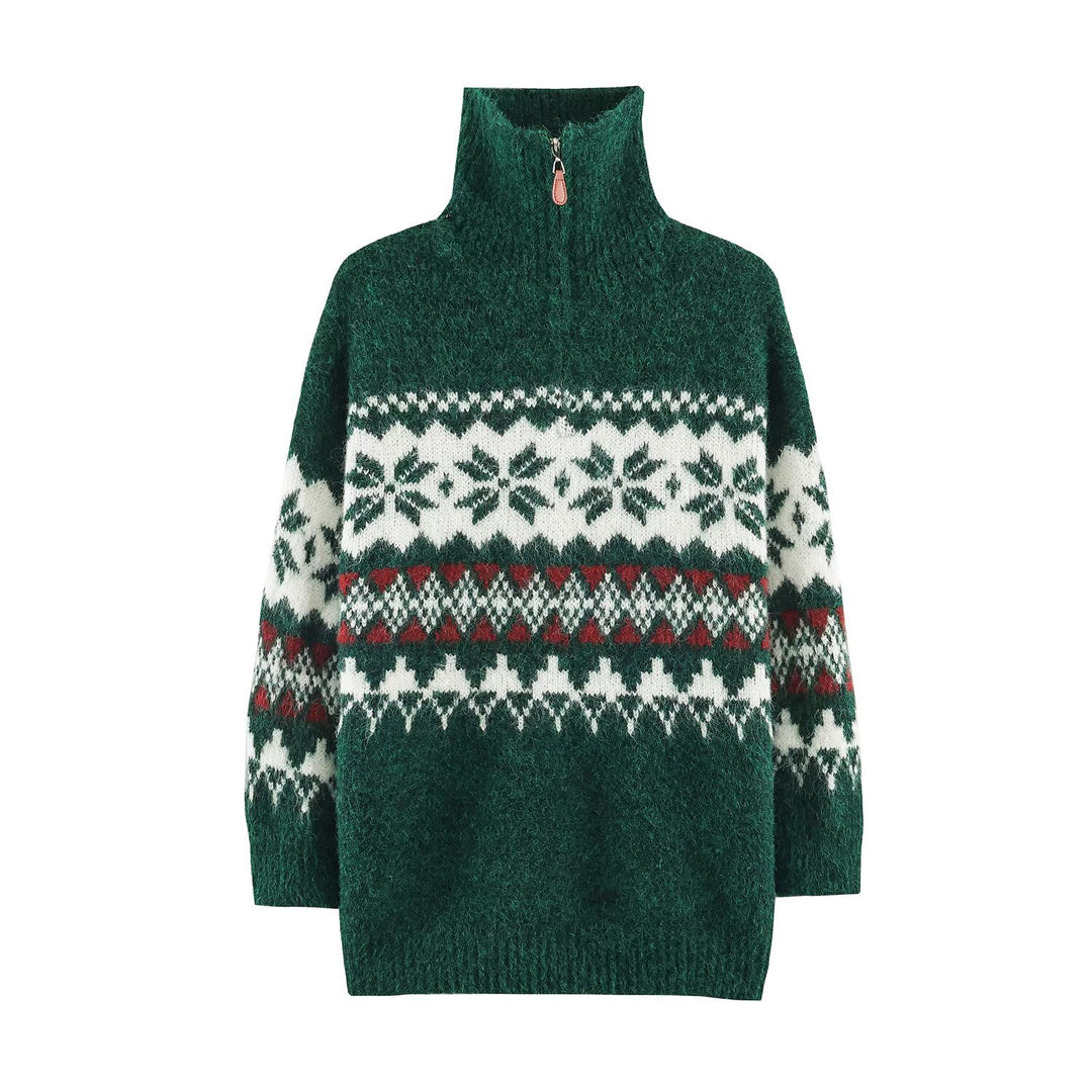 Fair-Isle knit sweater with stand-up collar and zipper