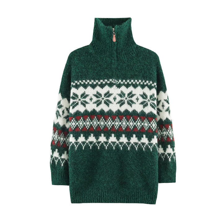 Fair-Isle knit sweater with stand-up collar and zipper