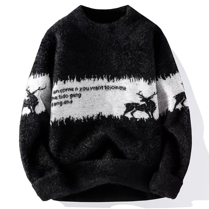 Men's knitted sweater with reindeer motif and stand-up collar