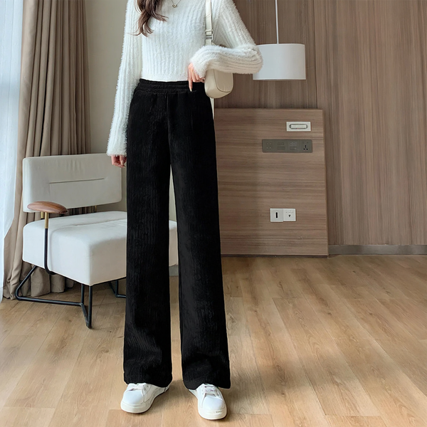 Fleece-lined cord wide pants for women, straight cut