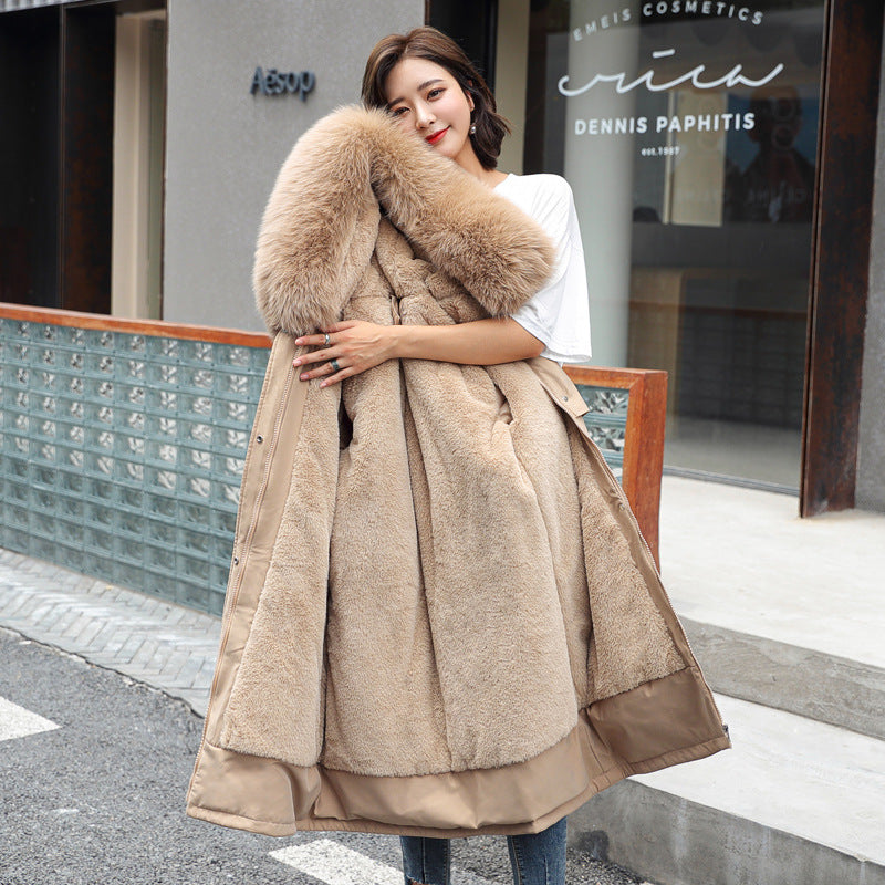 Padded parka with lamb fleece and fur collar for women