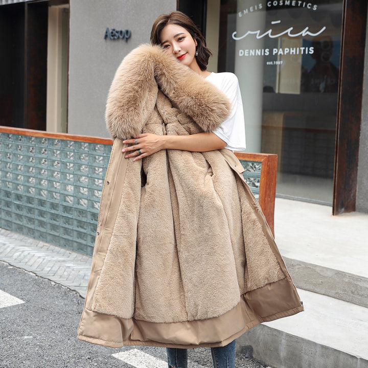 Padded parka with lamb fleece and fur collar for women